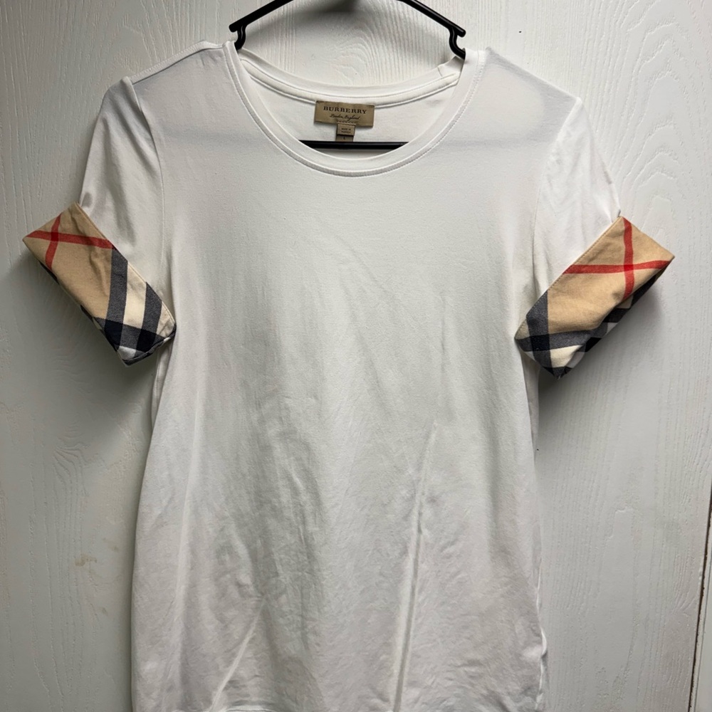 Burberry Fitted White and Tan Short Sleeve Tee